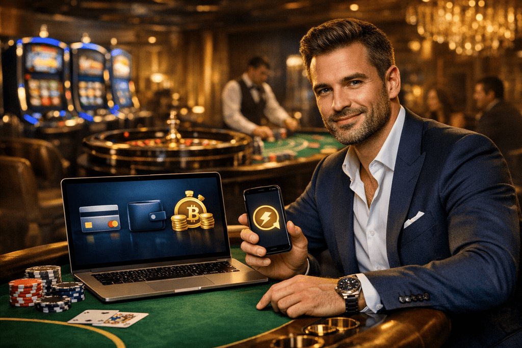 Stilvoller Spieler in einem Casino ohne OASIS mit Laptop und Smartphone, luxuriöse Atmosphäre mit Roulette, Blackjack und Spielautomaten im Hintergrund, Fokus auf schnelle Auszahlungen und flexible Zahlungsmethoden.